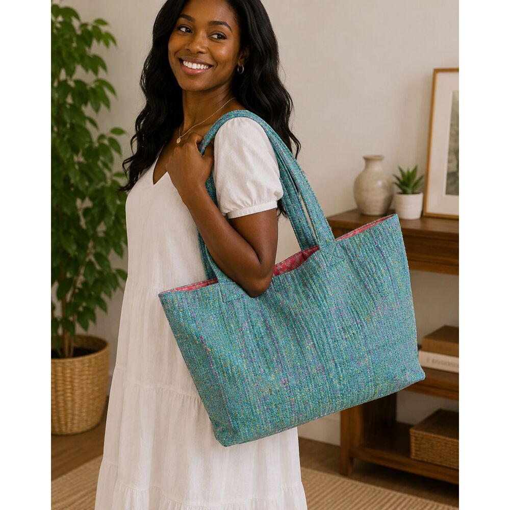 Green Quilted Cotton Beach Tote Bag: Large Summer Shopping Purse
